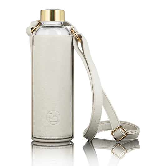 Flaschentasche mit Glas Trinkflasche beige