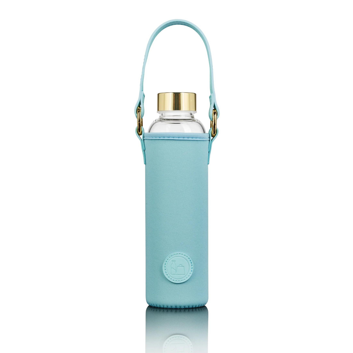 Flaschentasche mit Glas Trinkflasche hellblau
